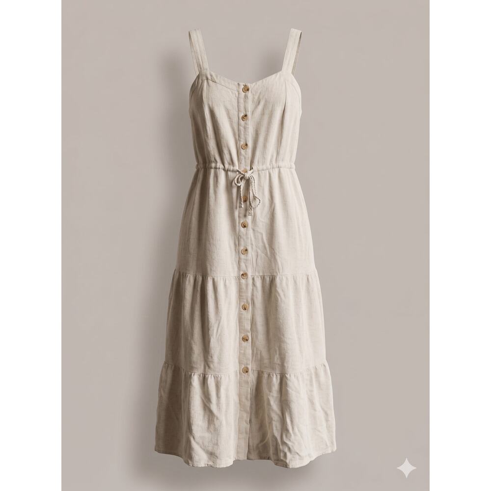 Lucky Brand Womens L Boho Cottagecore Coastal Linen Smocked Tiered Midi Dress